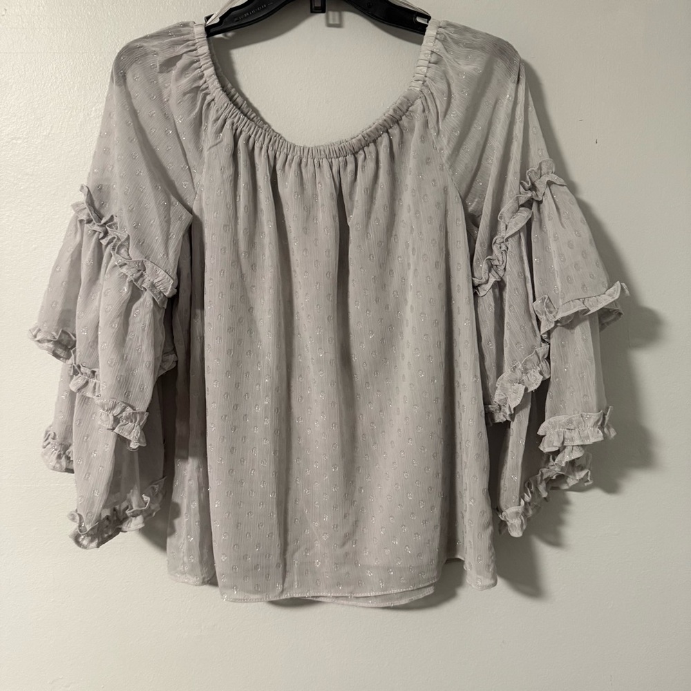 Sam and Jess Gray‎ Top Ruffled Sleeve Peasant Off-Shoulder Chiffon Dot Blouse L